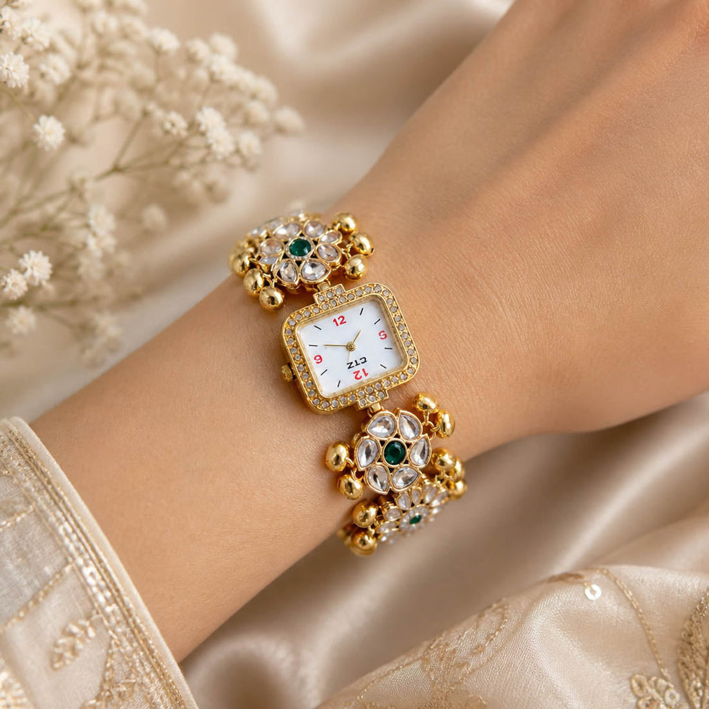 Green Kundan Watch for Girls & Women Festive Style