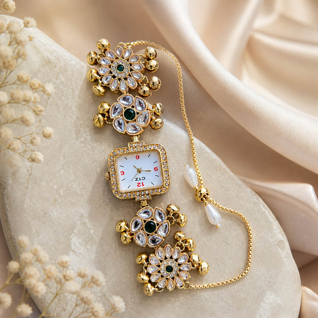 Green Kundan Watch for Girls & Women Festive Style