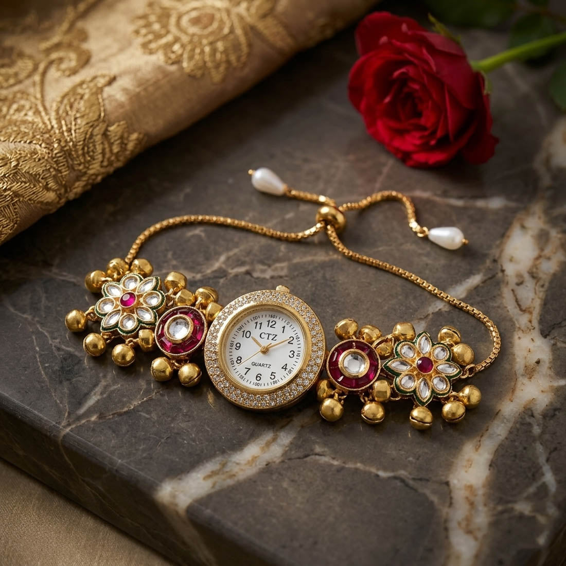 Rani & Green Color Kundan Watch For Girls & Women Ethnic Fashion