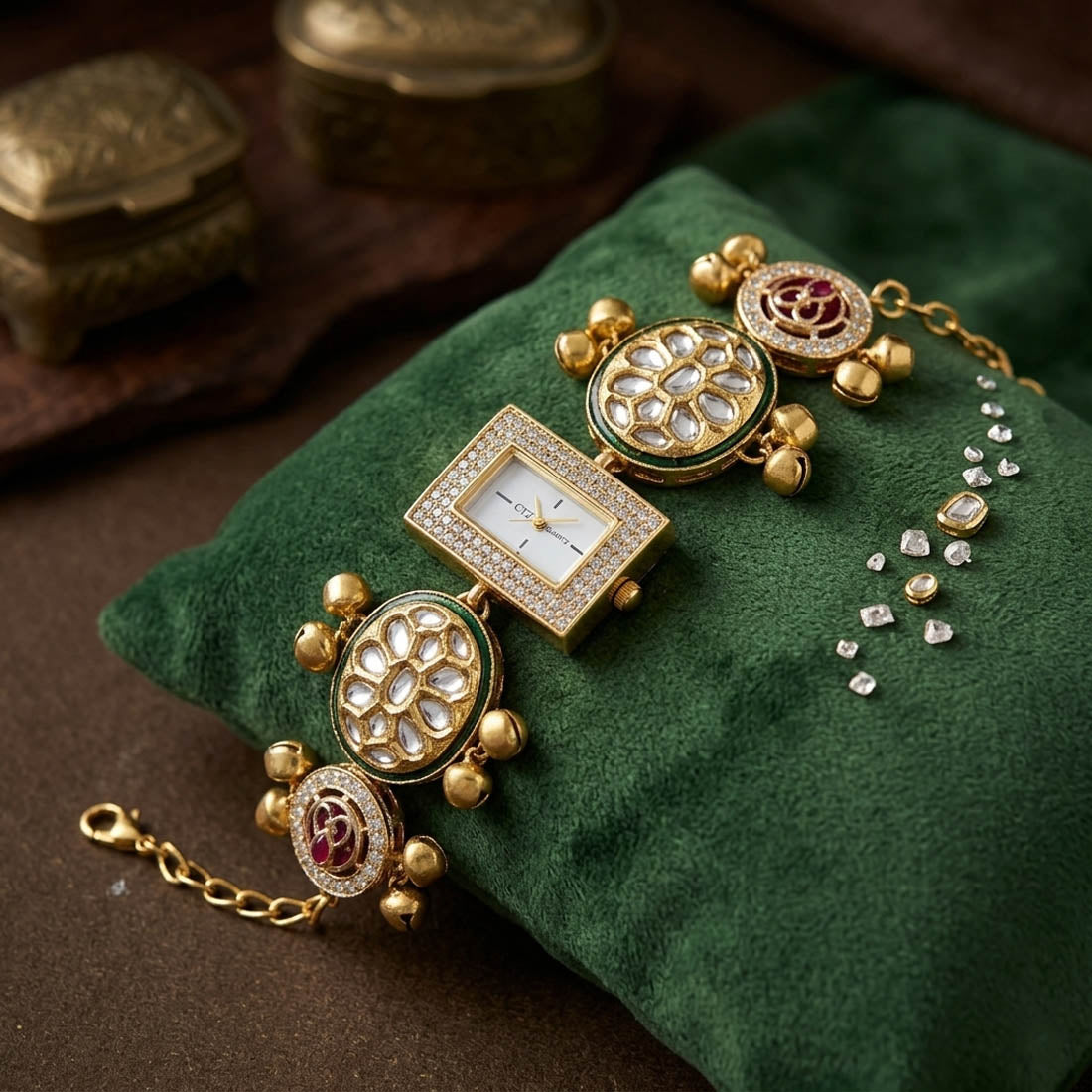 Rani & Green Color Kundan Watch For Girls & Women Bridal Wear