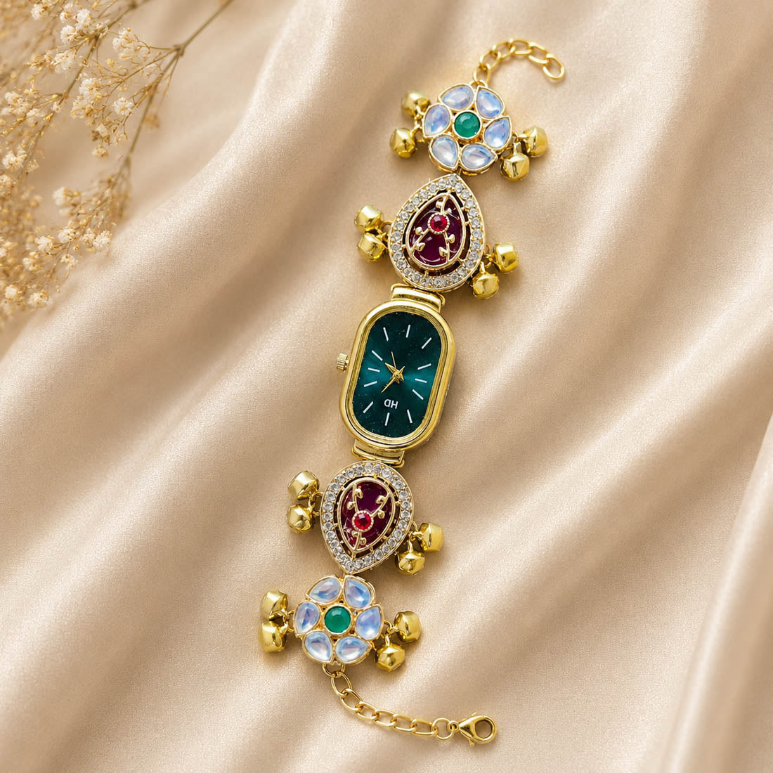 Rani & Green Color Kundan Watch For Girls & Women Traditional Look