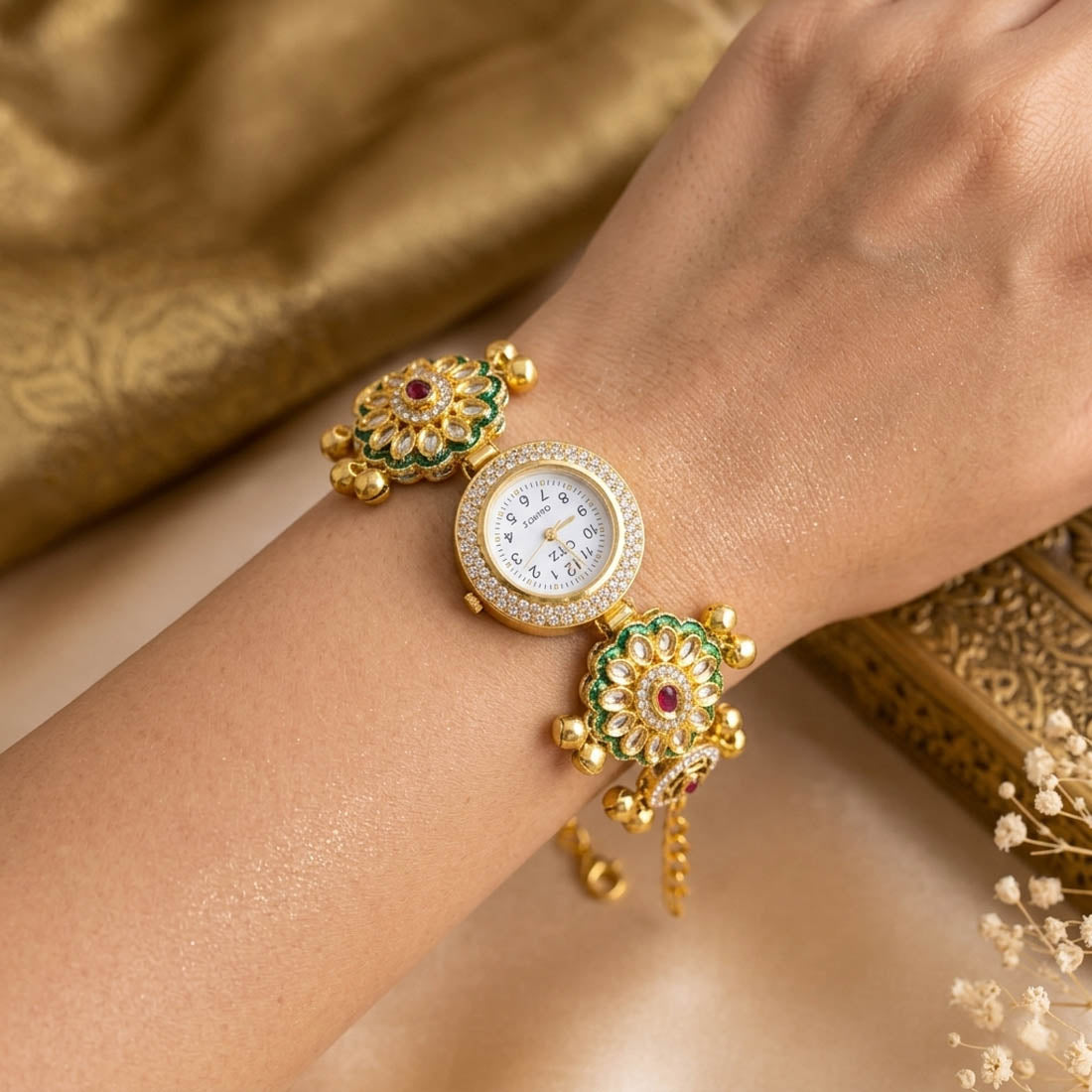 Rani & Green Color Kundan Watch For Girls & Women Festive Design