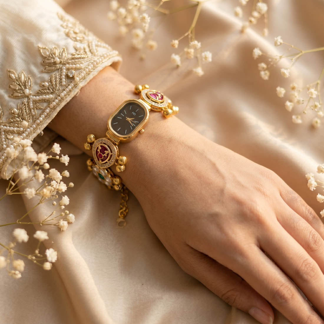 Rani & Green Color Kundan Watch For Girls & Women Royal Style