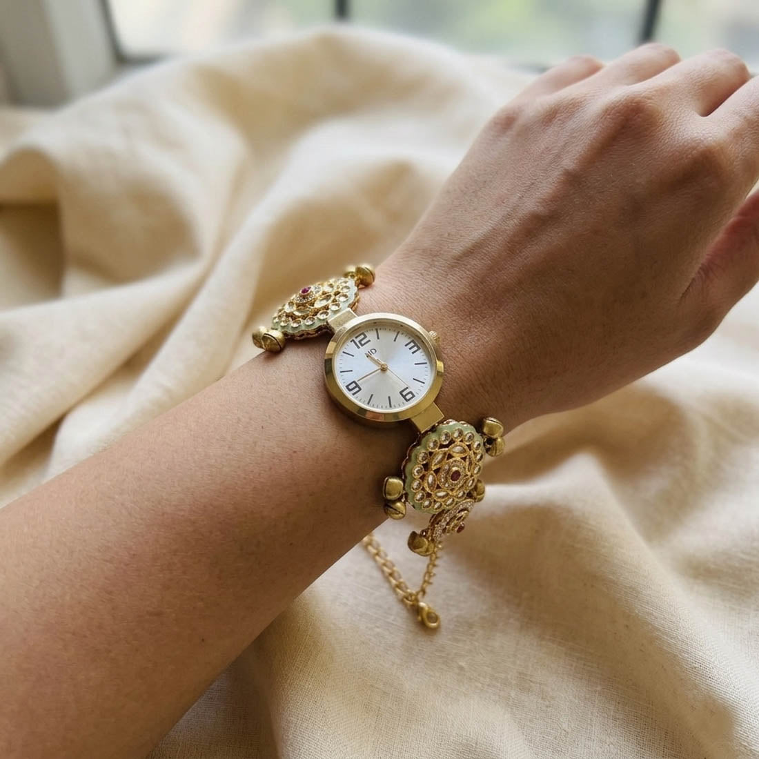 Pista Green & Rani Color Kundan Watch For Girls & Women