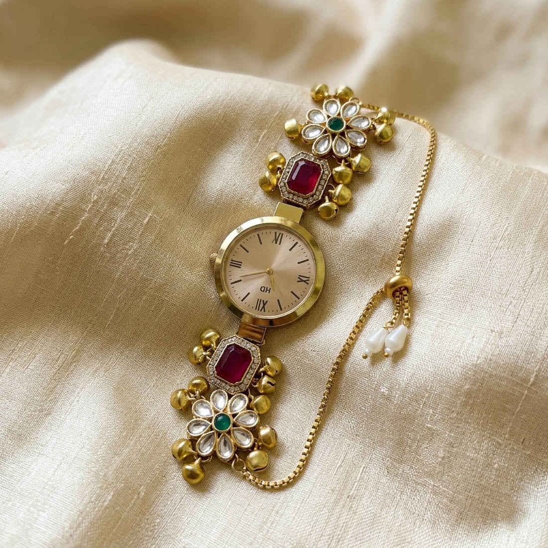 Rani & Green Color Kundan Watch For Girls & Women Wedding Accessory