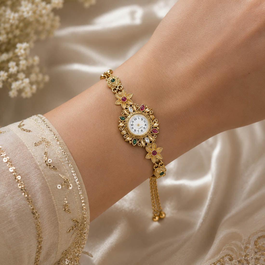 Designer Rani & Green Color Kundan Watch For Girls & Women Festive Wear Style