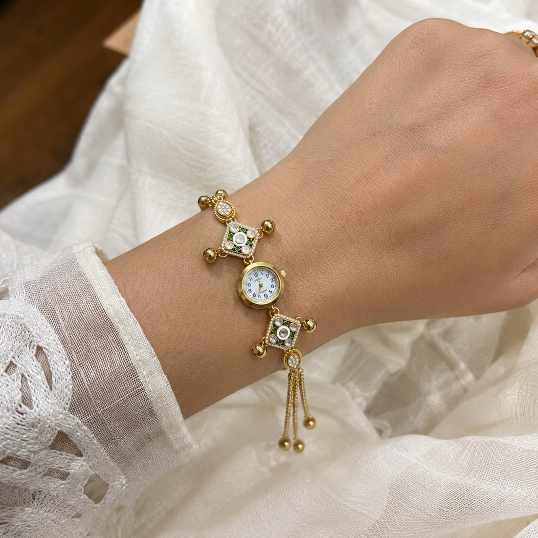 Premium Green Color Kundan Watch For Girls & Women Festive Jewelry Collection