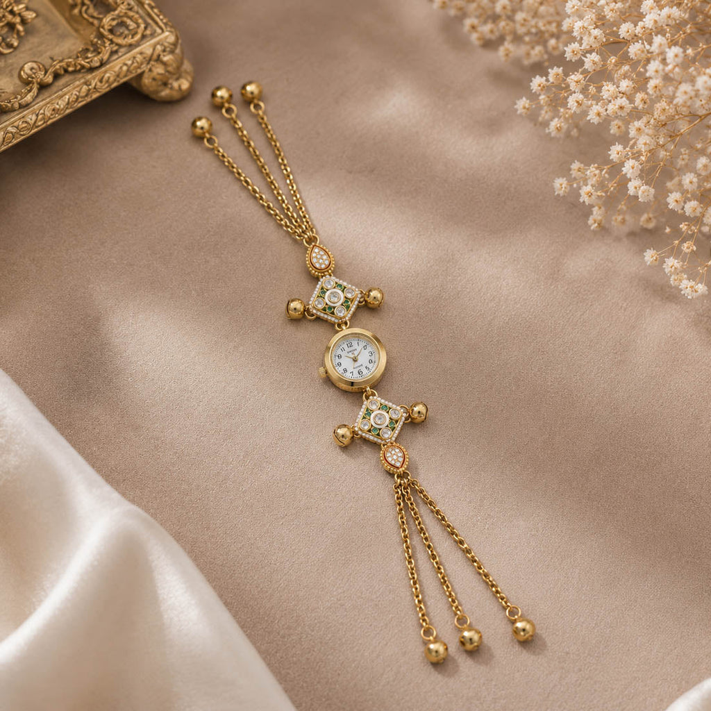 Premium Green Color Kundan Watch For Girls & Women Festive Jewelry Collection
