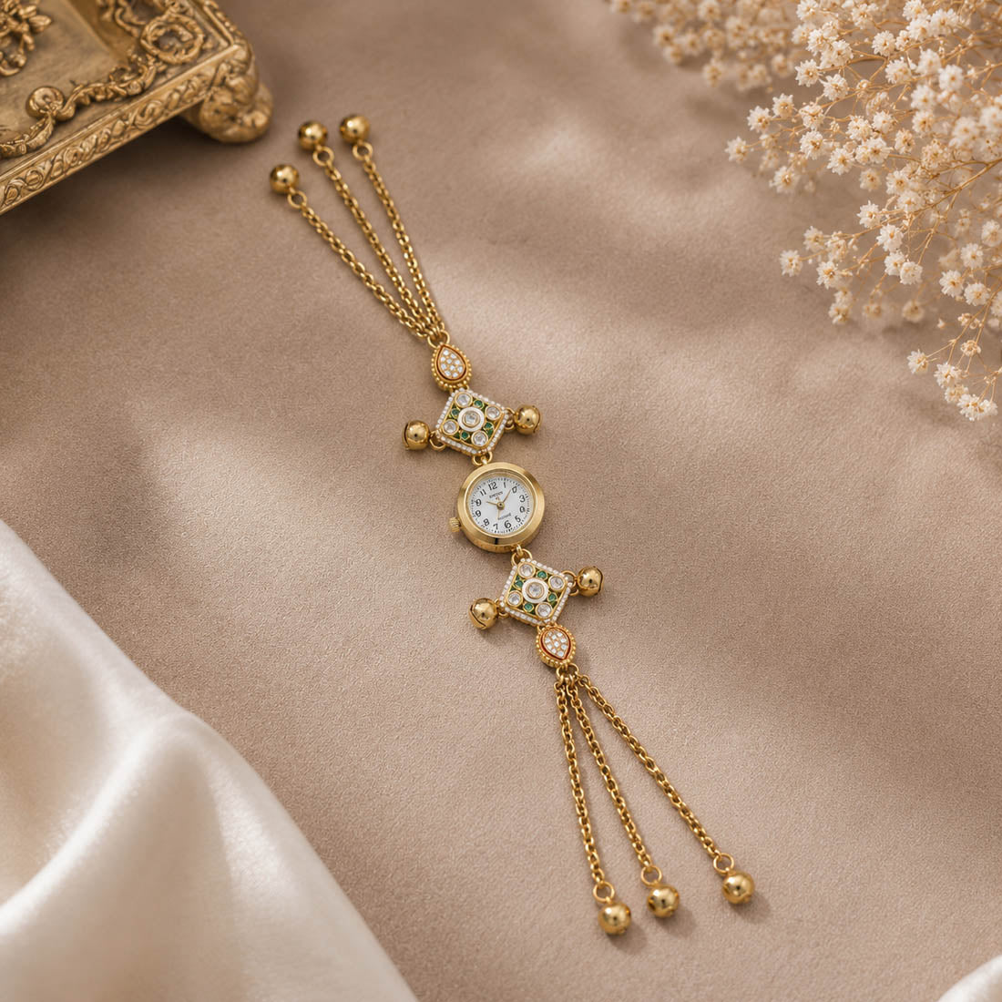 Premium Green Color Kundan Watch For Girls & Women Festive Jewelry Collection