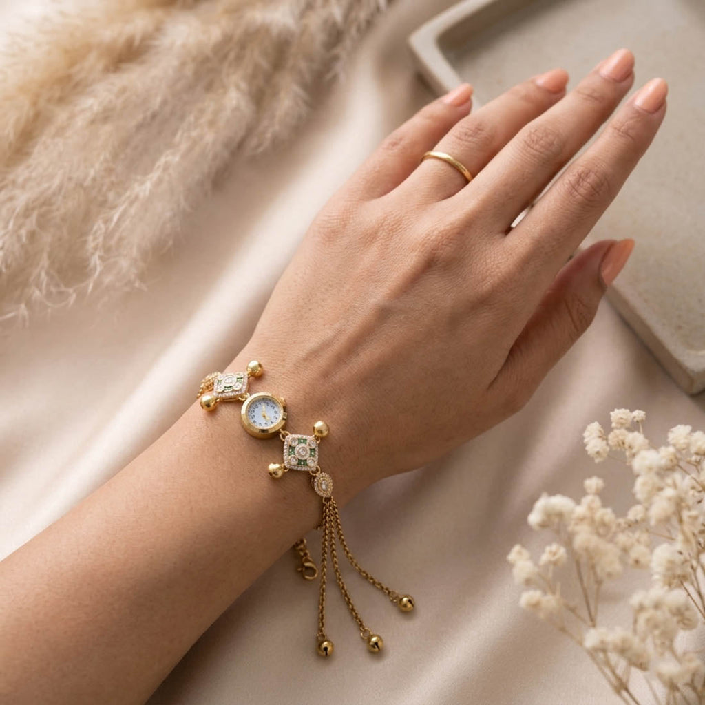 Elegant Green Color Kundan Watch For Girls & Women Wedding Fashion Accessory