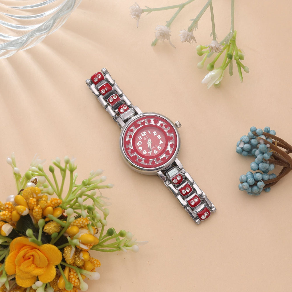 Red Color Silver Plated Watch For Girls & Women