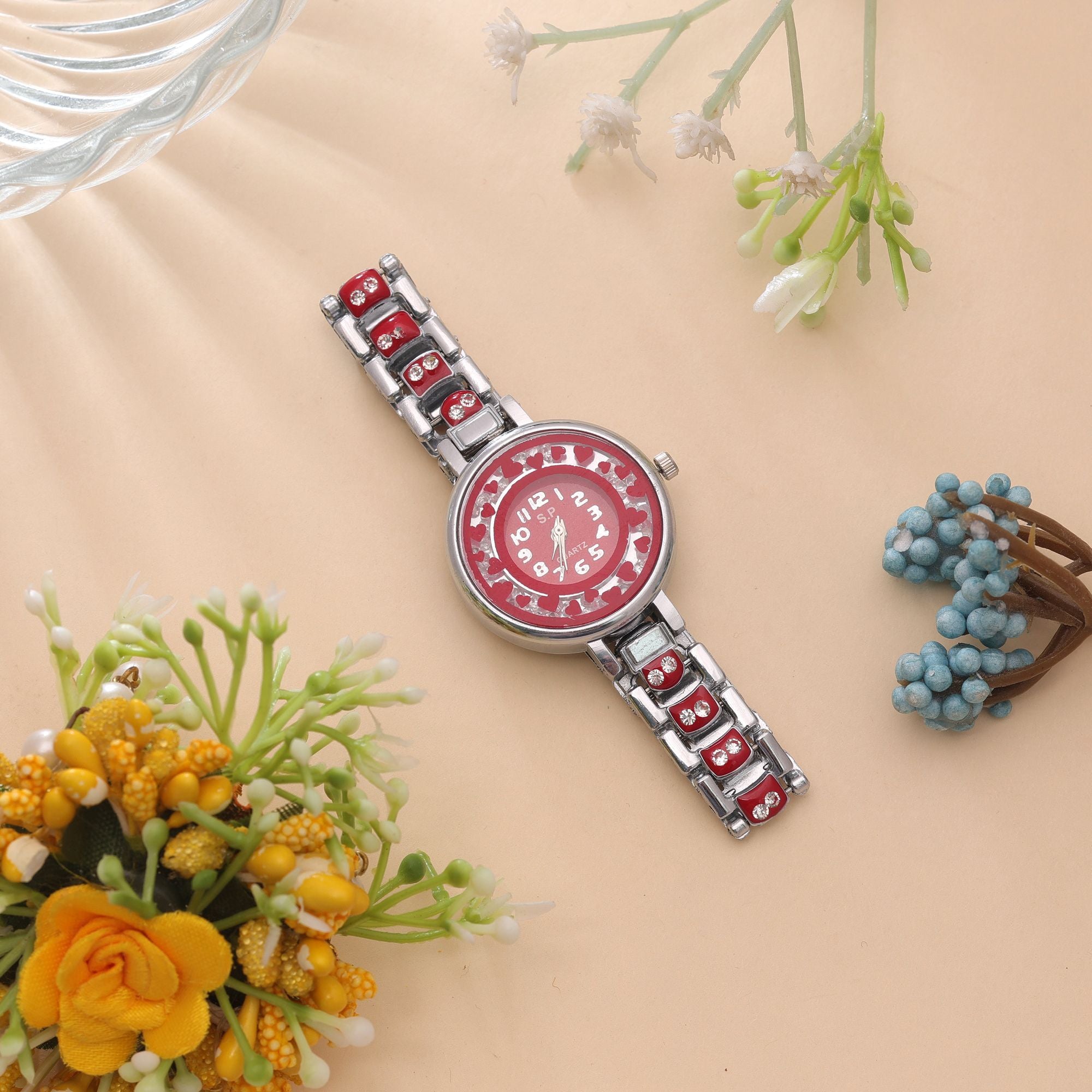 Red Color Silver Plated Watch For Girls & Women
