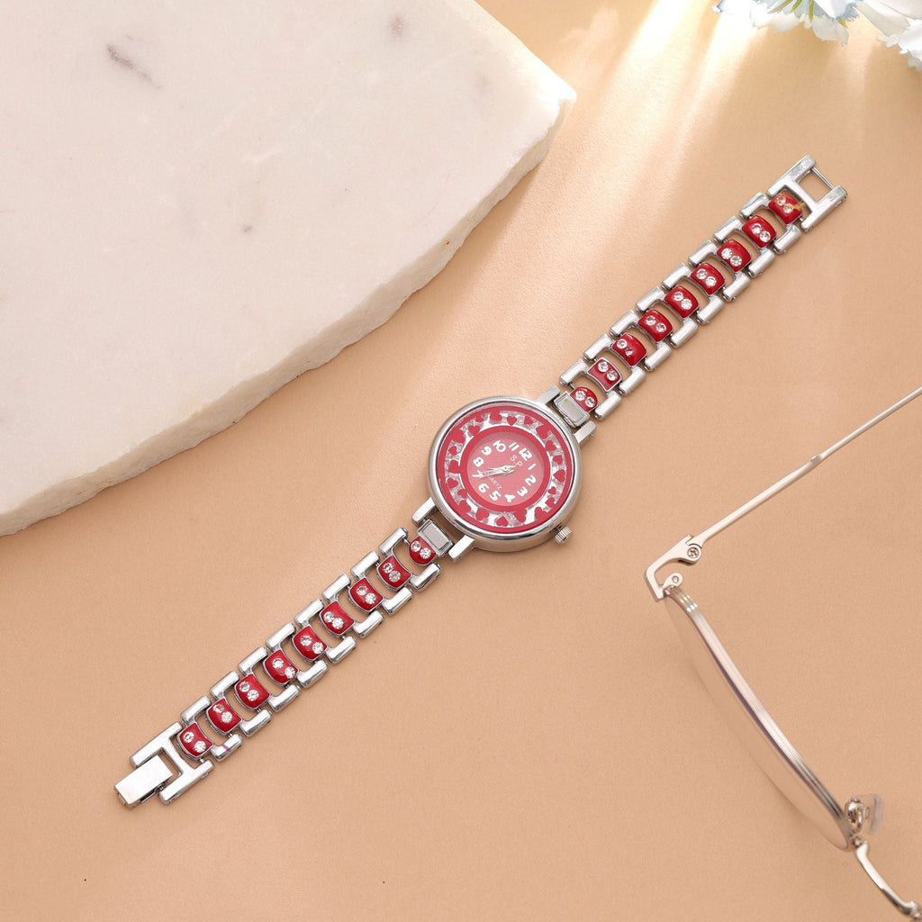 Red Color Silver Plated Watch For Girls & Women