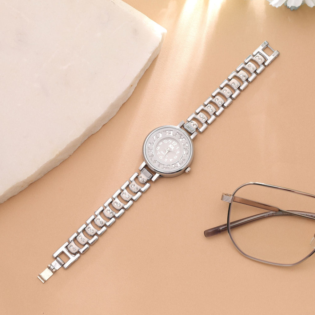 White Color Silver Plated Watch For Girls & Women
