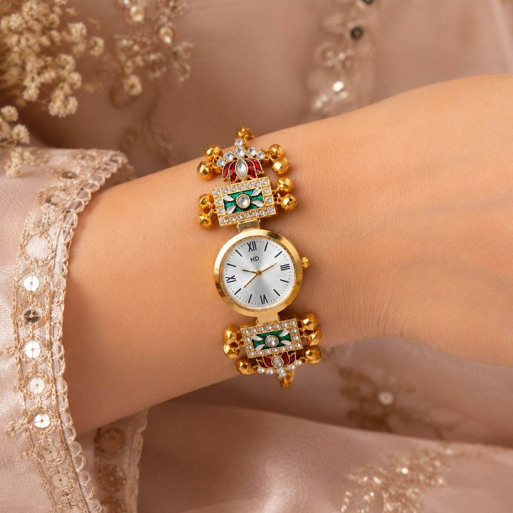 Gold Plated Kashmiri Kundan Watch for Girls & Women Elegant Ethnic Style