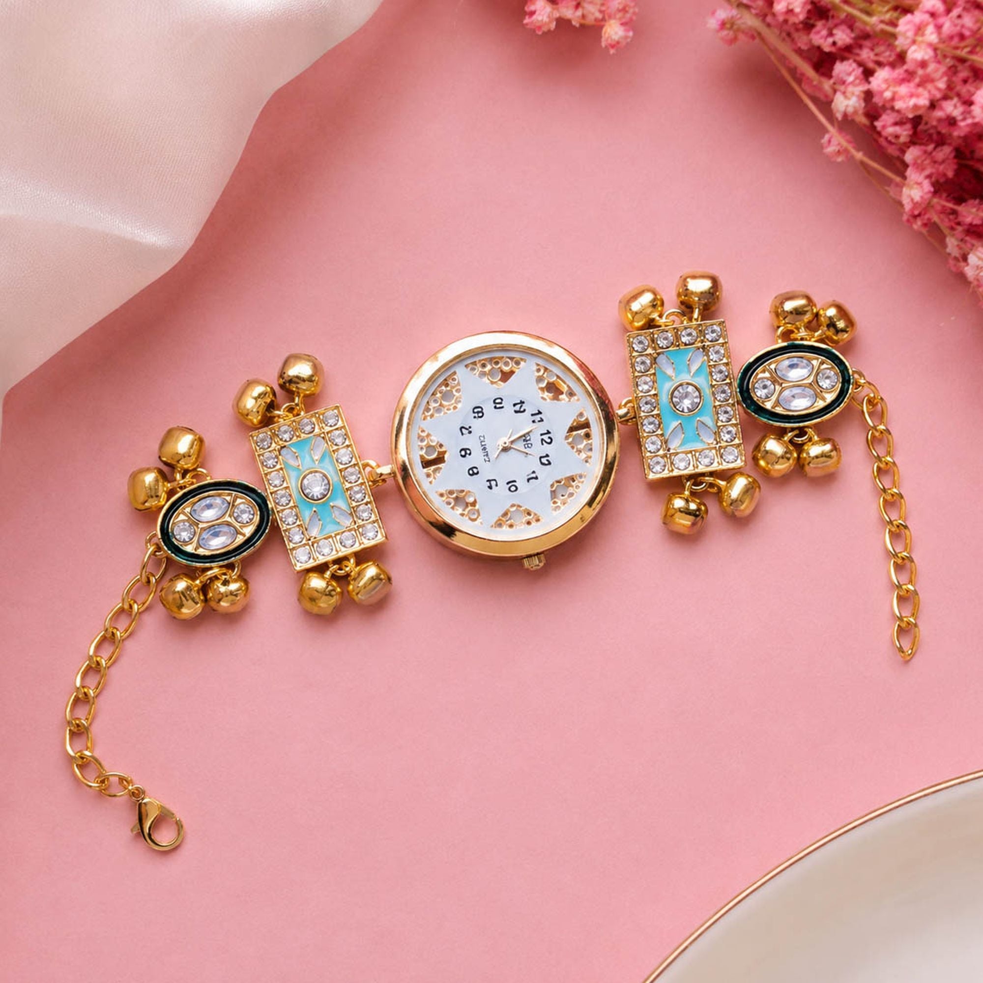 Pista Green Color Gold Plated Kashmiri Kundan Watch for Girls & Women Festive Fashion Style