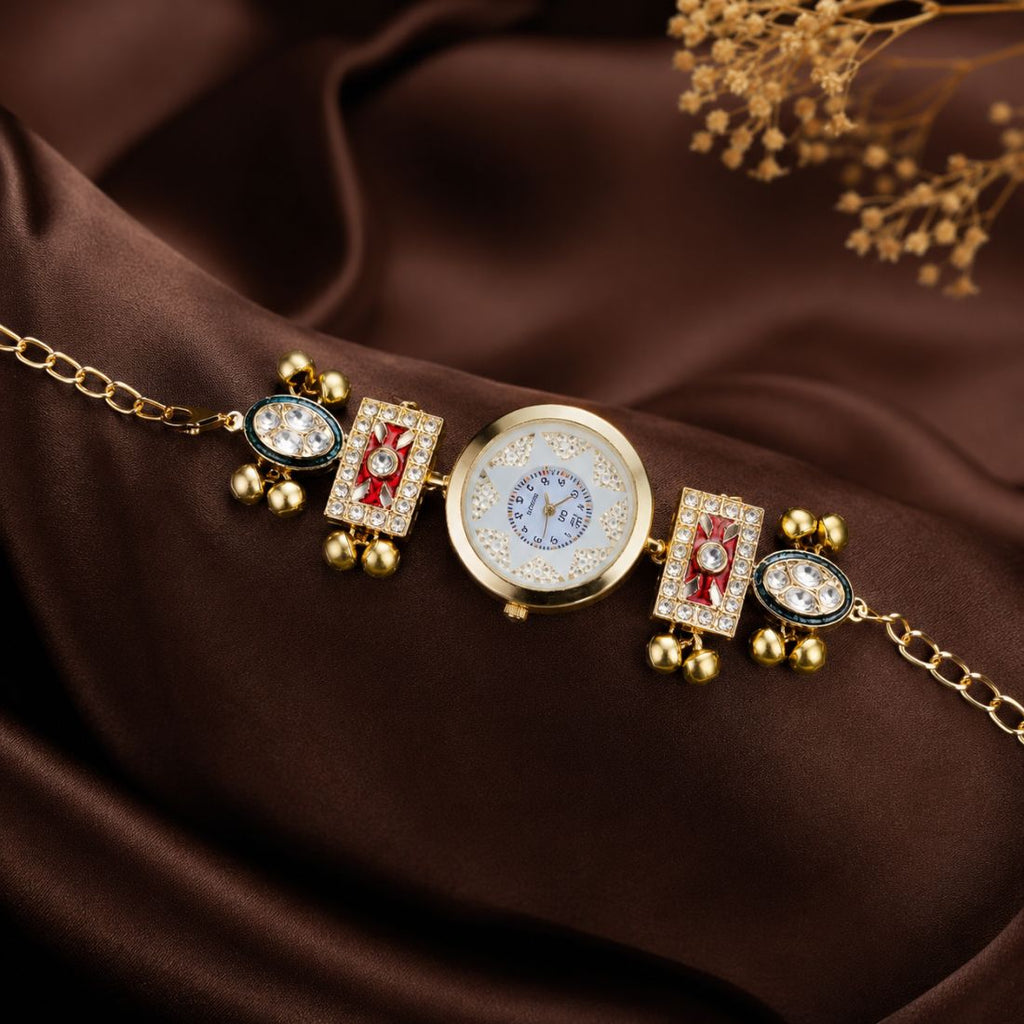 Red Color Gold Plated Kashmiri Kundan Watch for Girls & Women Traditional Designer Look
