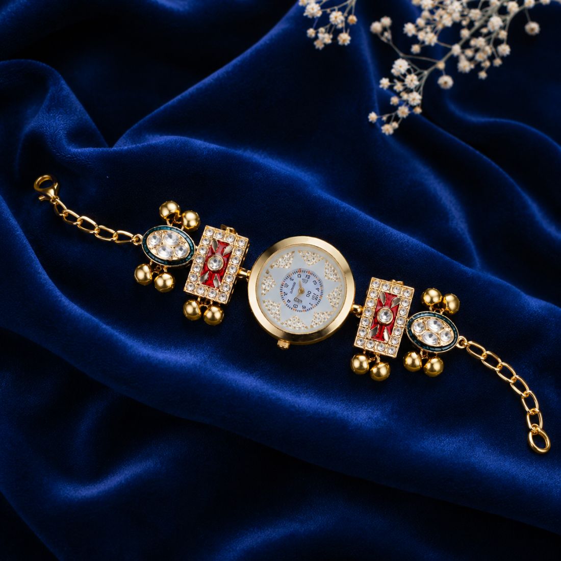 Red Color Gold Plated Kashmiri Kundan Watch for Girls & Women Traditional Designer Look