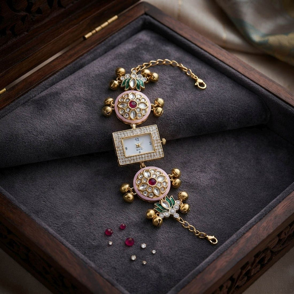 Multi Color Gold Plated Kashmiri Kundan Watch for Girls & Women Beautiful Ethnic Design
