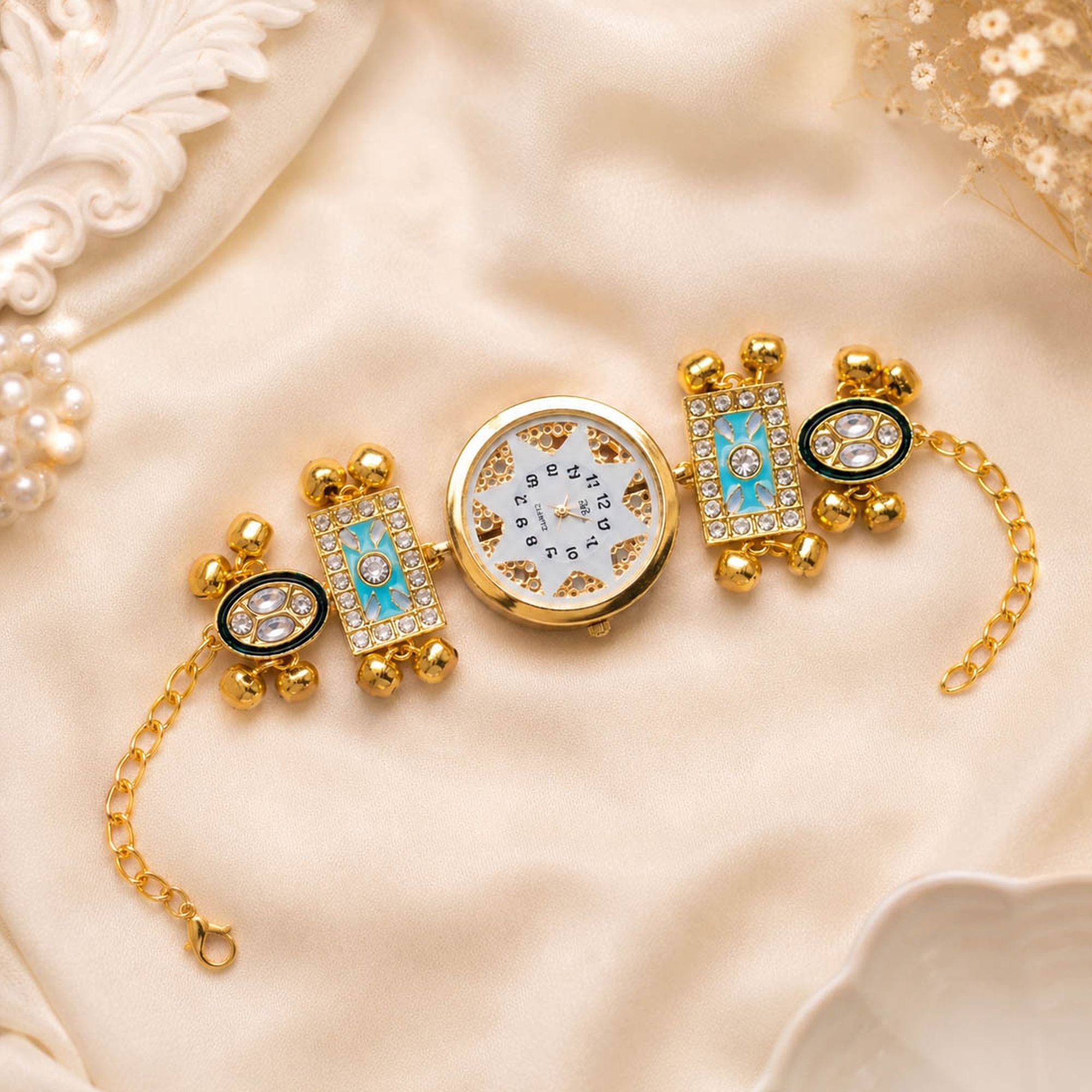 Pista Green Color Gold Plated Kashmiri Kundan Watch for Girls & Women Designer Ethnic Style