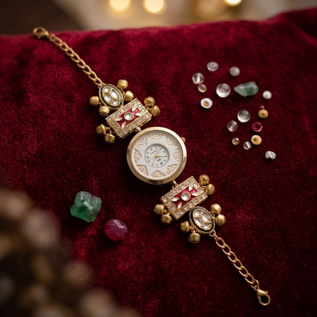 Red Color Gold Plated Kashmiri Kundan Watch for Girls & Women Royal Jewelry Finish