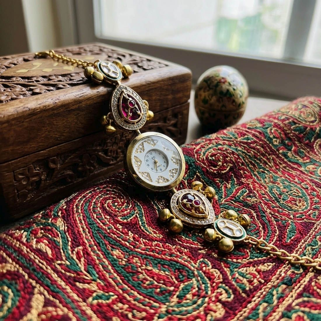 Maroon & Green Color Gold Plated Kashmiri Kundan Watch for Girls & Women Festive Style
