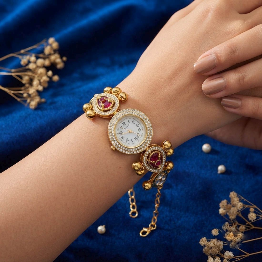 Maroon & Green Color Gold Plated Kashmiri Kundan Watch for Girls & Women Royal Design