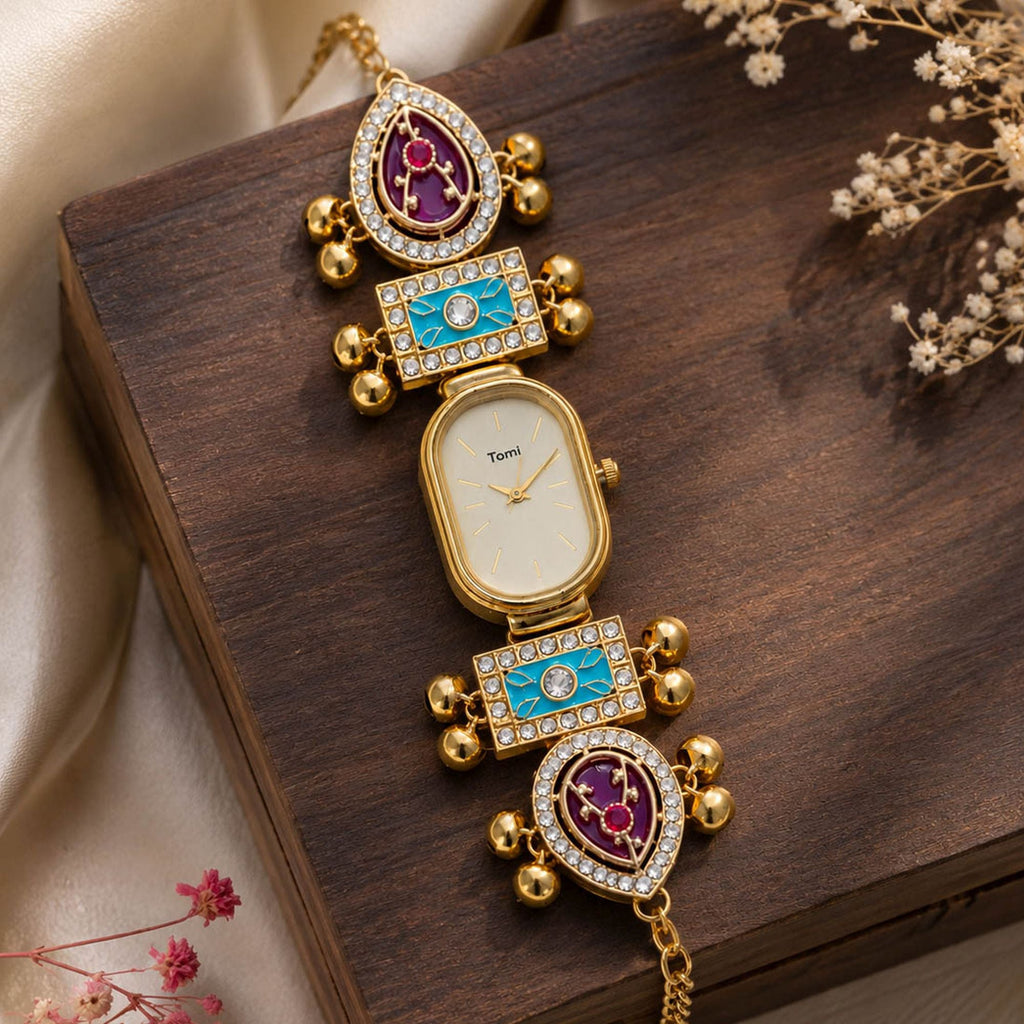 Maroon & Pista Green Color Gold Plated Kashmiri Kundan Watch for Girls & Women Designer Style
