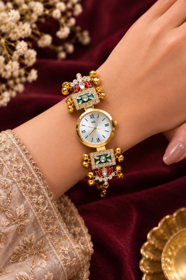 Green & Maroon Color Gold Plated Kashmiri Kundan Watch for Girls & Women Traditional Style