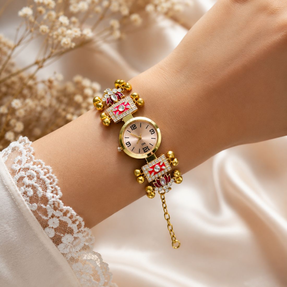 Pink & Maroon Color Gold Plated Kashmiri Kundan Watch for Girls & Women Elegant Fashion Look