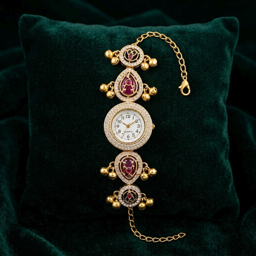 Maroon & Green Color Gold Plated Kashmiri Kundan Watch for Girls & Women Premium Ethnic Appeal