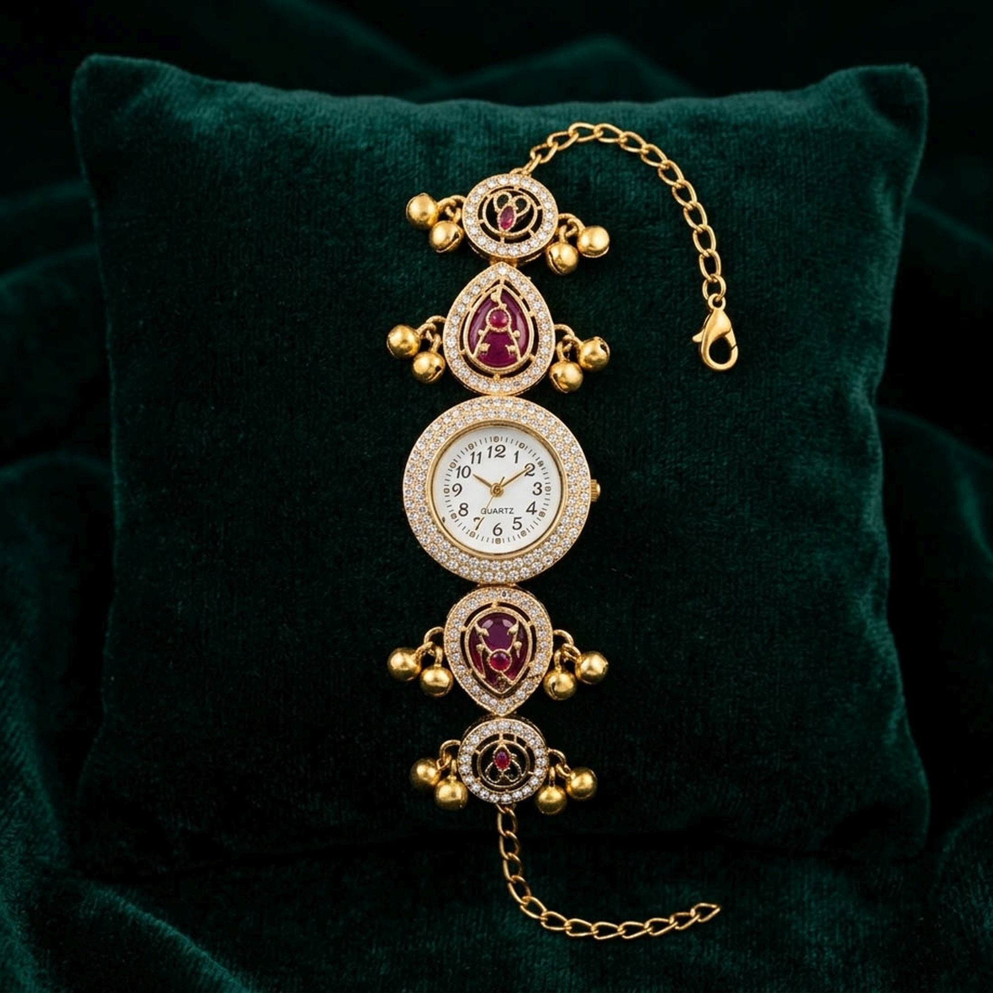 Maroon & Green Color Gold Plated Kashmiri Kundan Watch for Girls & Women Premium Ethnic Appeal