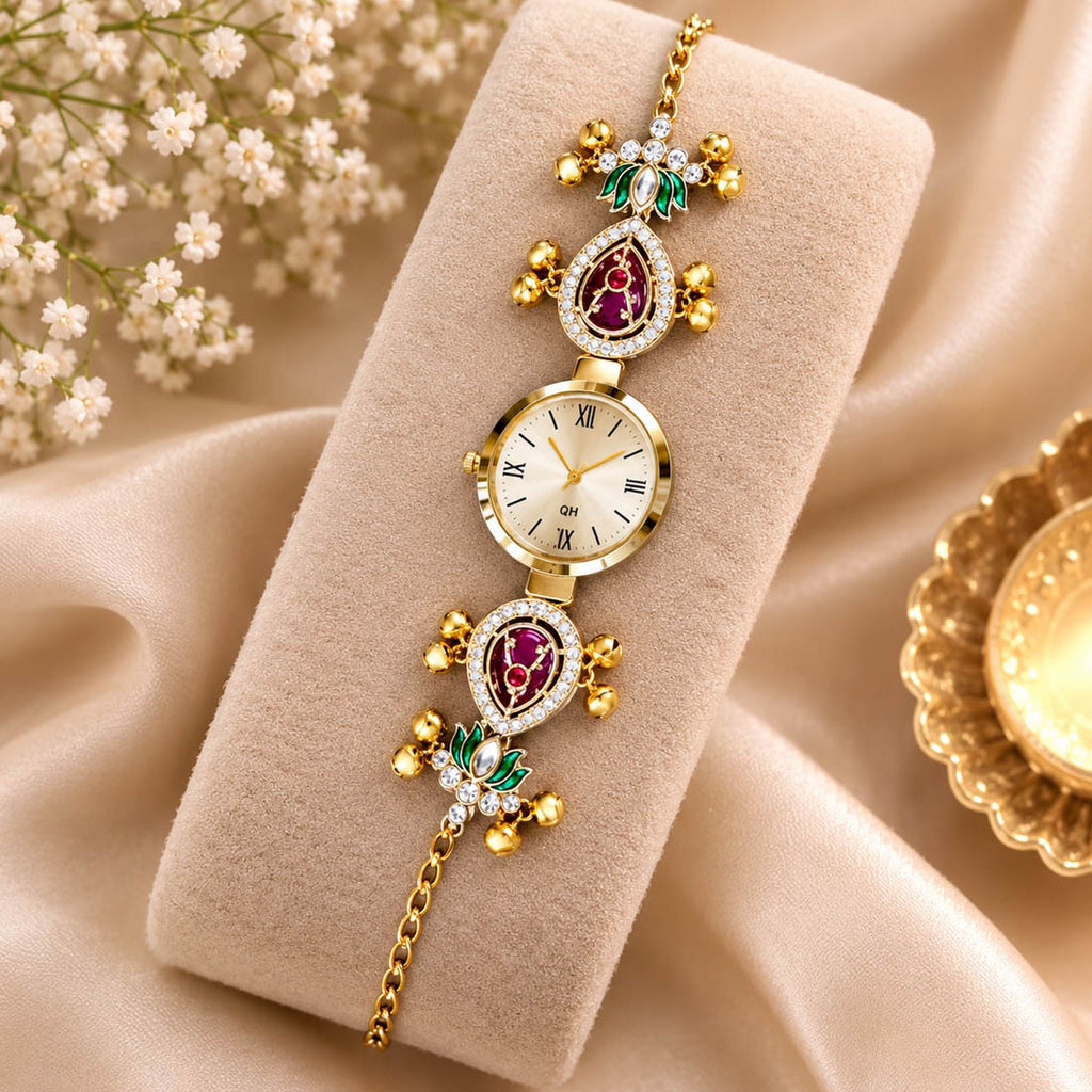 Maroon & Green Color Gold Plated Kashmiri Kundan Watch for Girls & Women Stylish Jewelry Look