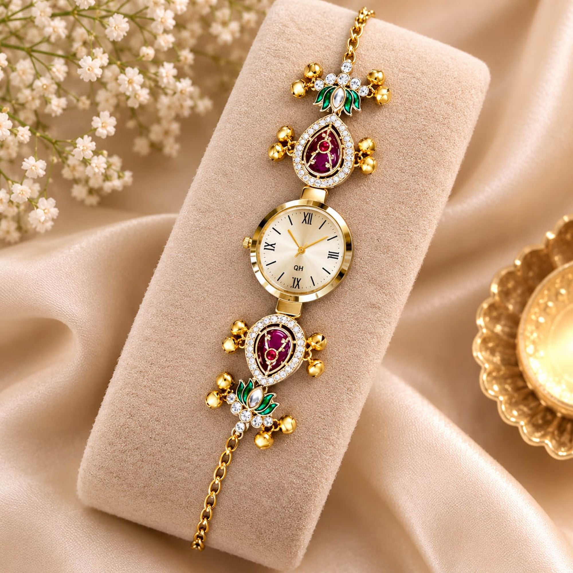 Maroon & Green Color Gold Plated Kashmiri Kundan Watch for Girls & Women Stylish Jewelry Look