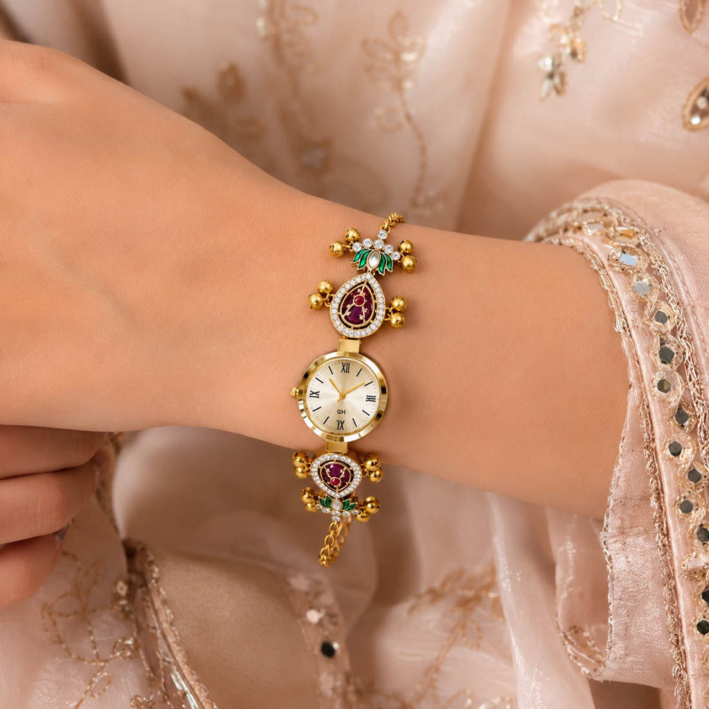 Maroon & Green Color Gold Plated Kashmiri Kundan Watch for Girls & Women Stylish Jewelry Look