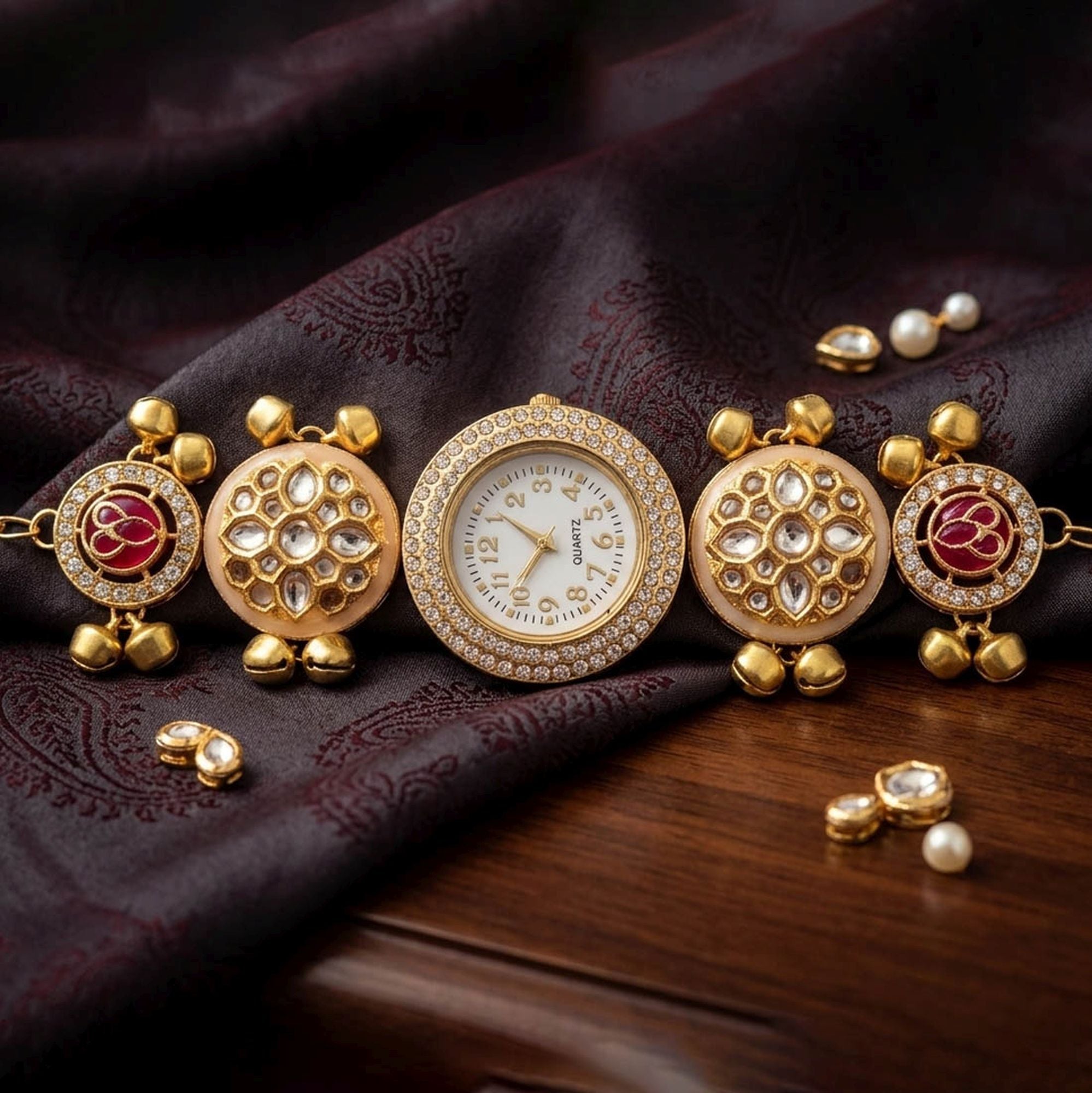 Maroon Color Gold Plated Kashmiri Kundan Watch for Girls & Women Royal Festive Style