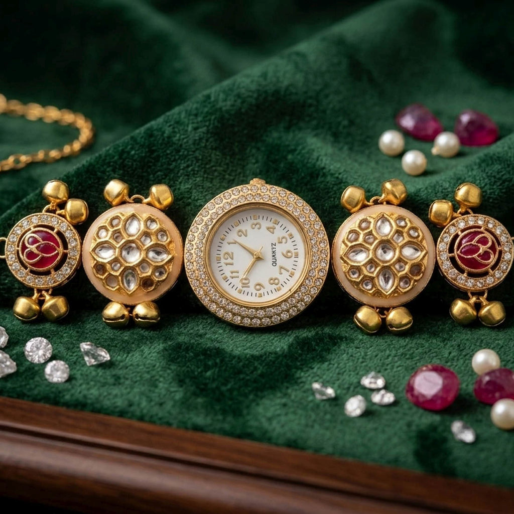 Maroon Color Gold Plated Kashmiri Kundan Watch for Girls & Women Royal Festive Style