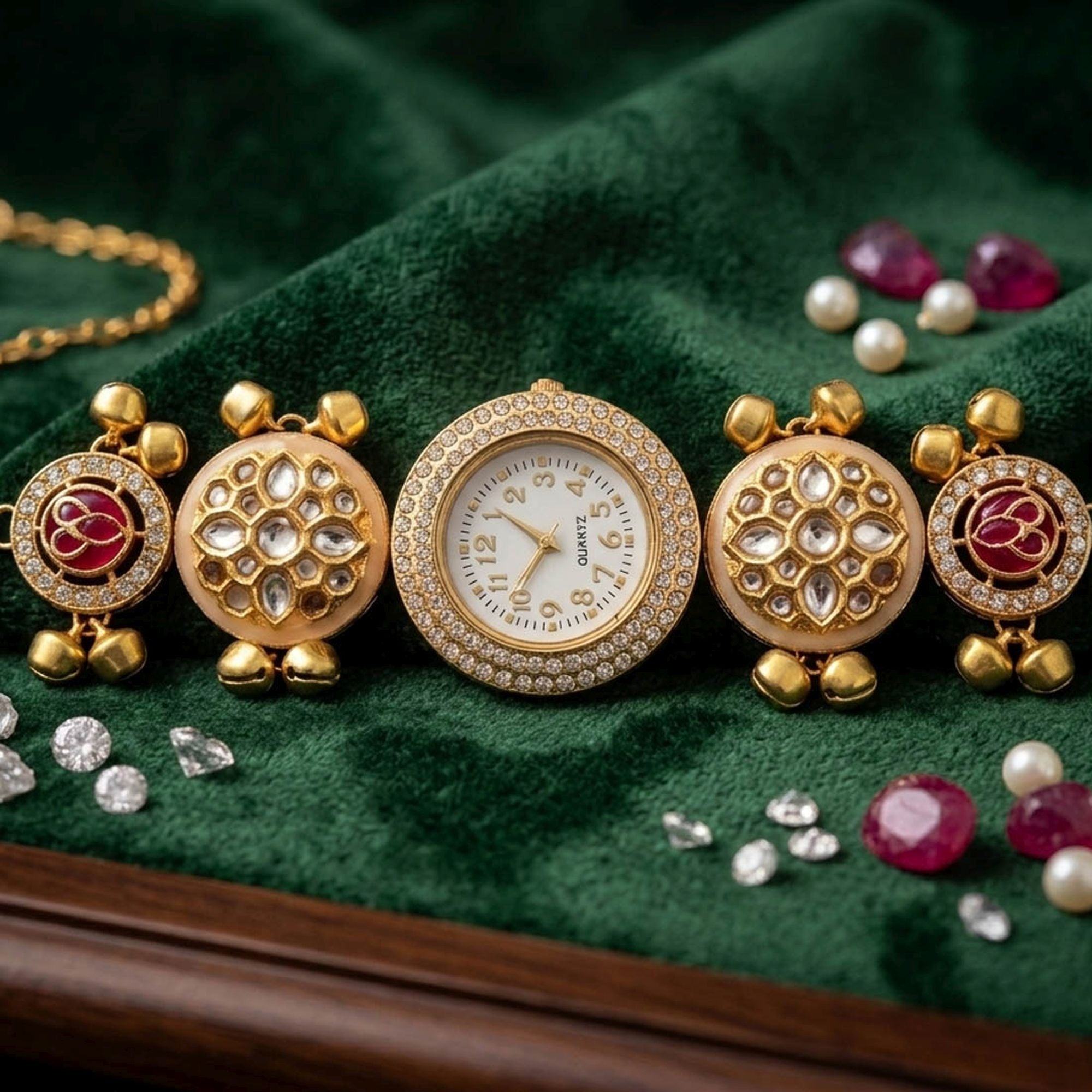 Maroon Color Gold Plated Kashmiri Kundan Watch for Girls & Women Royal Festive Style