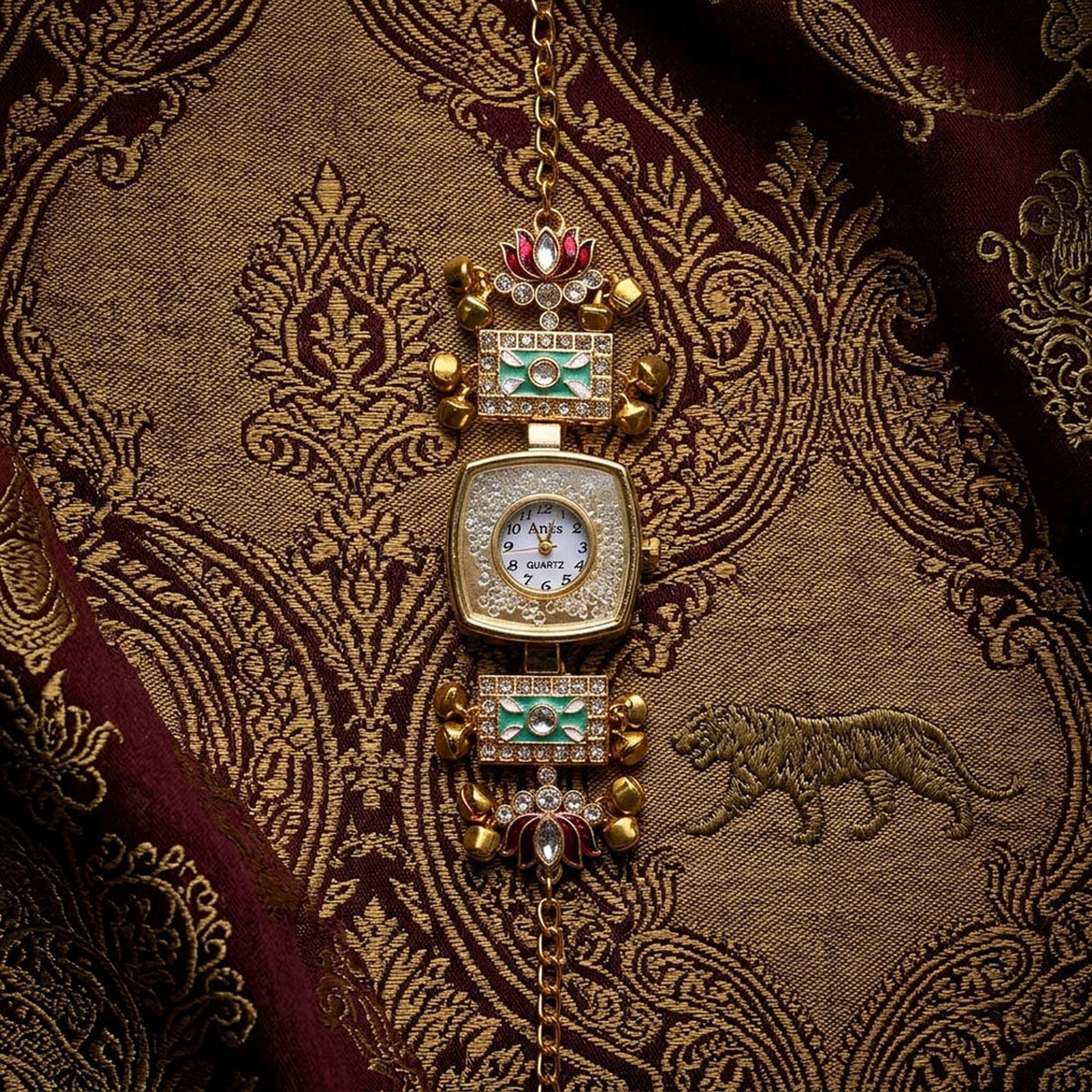 Pista Green Color Gold Plated Kashmiri Kundan Watch For Girls & Women Festive Appeal