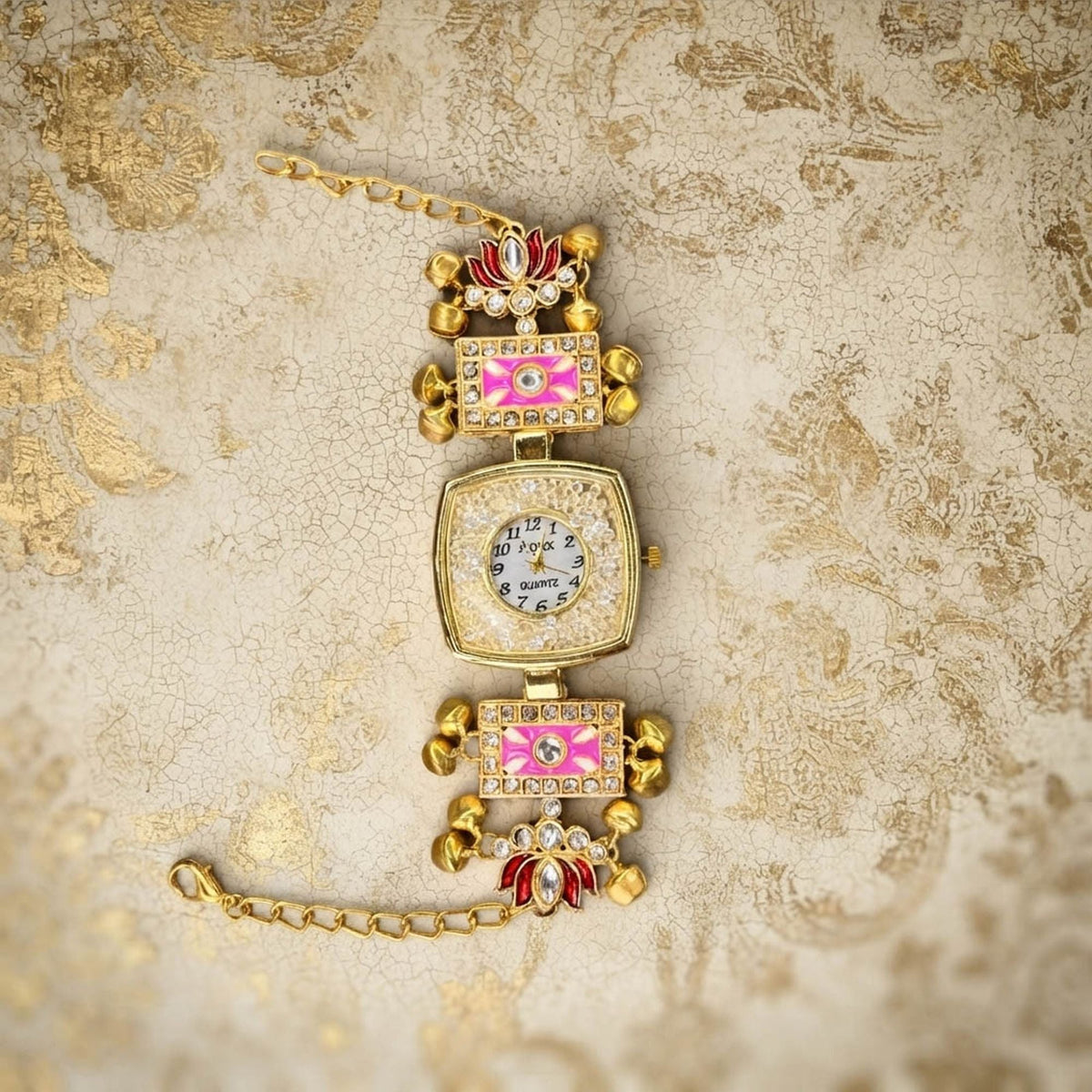 Pink Color Gold Plated Kashmiri Kundan Watch For Girls & Women Elegant Style