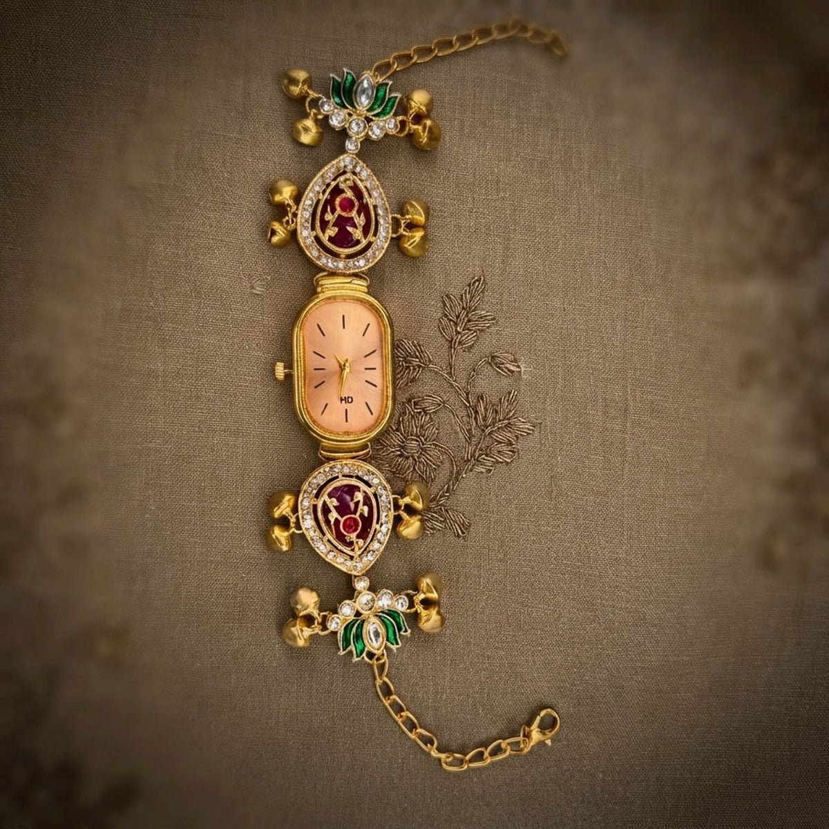 Maroon & Green Color Gold Plated Kashmiri Kundan Watch For Girls & Women Festive Design