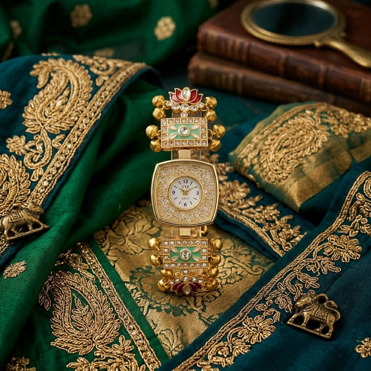 Pista Green & Maroon Color Gold Plated Kashmiri Kundan Watch For Girls & Women Royal Appeal