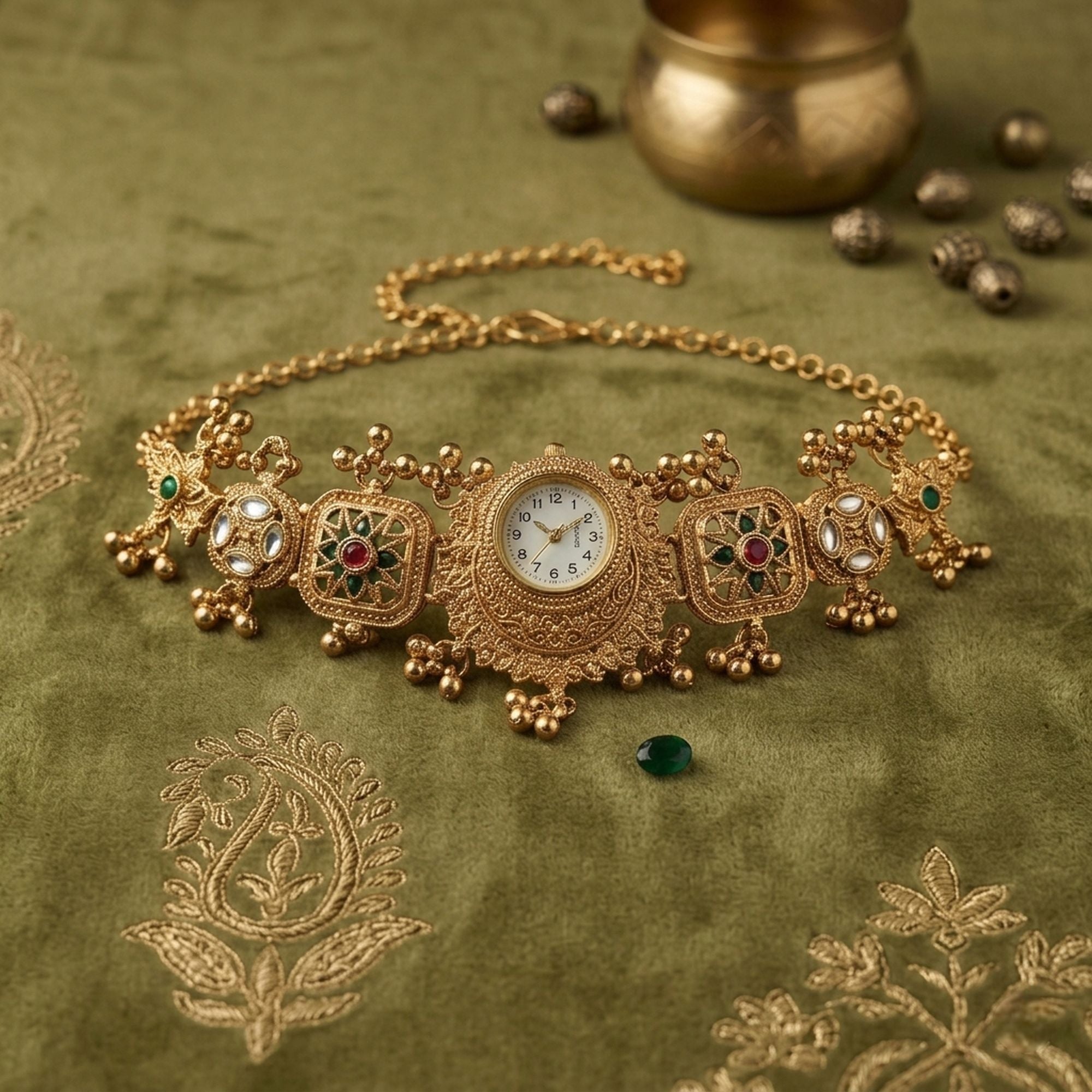 Kashmiri Kundan Gold Plated Emerald Green & Maroon Color Bracelet Watch