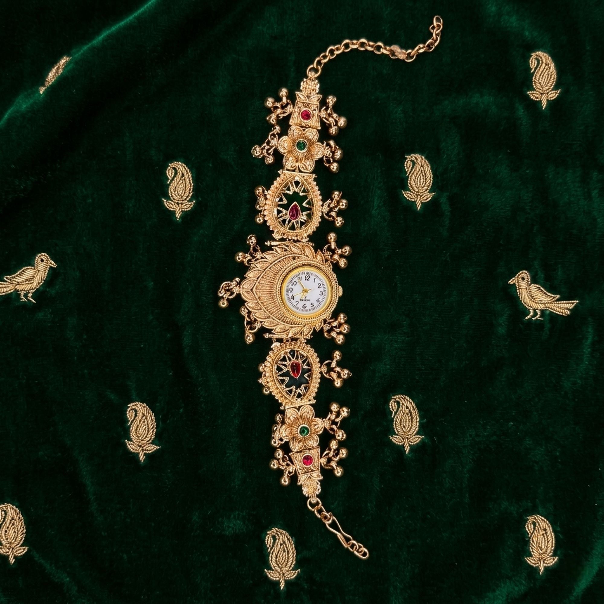 Kashmiri Kundan Gold Plated Emerald Green & Rani Pink Color Jewel Watch