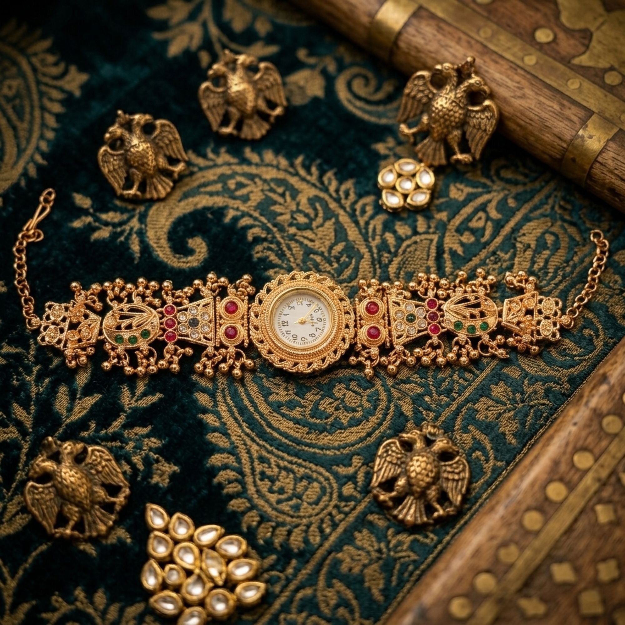Kashmiri Kundan Gold Plated Rani Pink & Emerald Green Color Bangle Watch