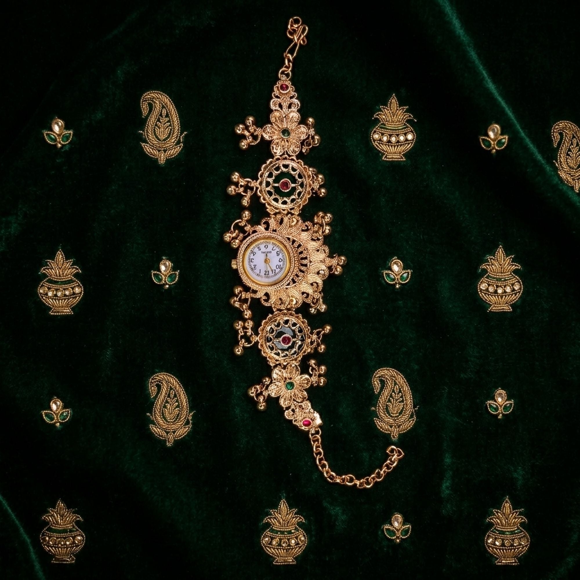Kashmiri Kundan Gold Plated Rani Pink & Leaf Green Color Strap Watch