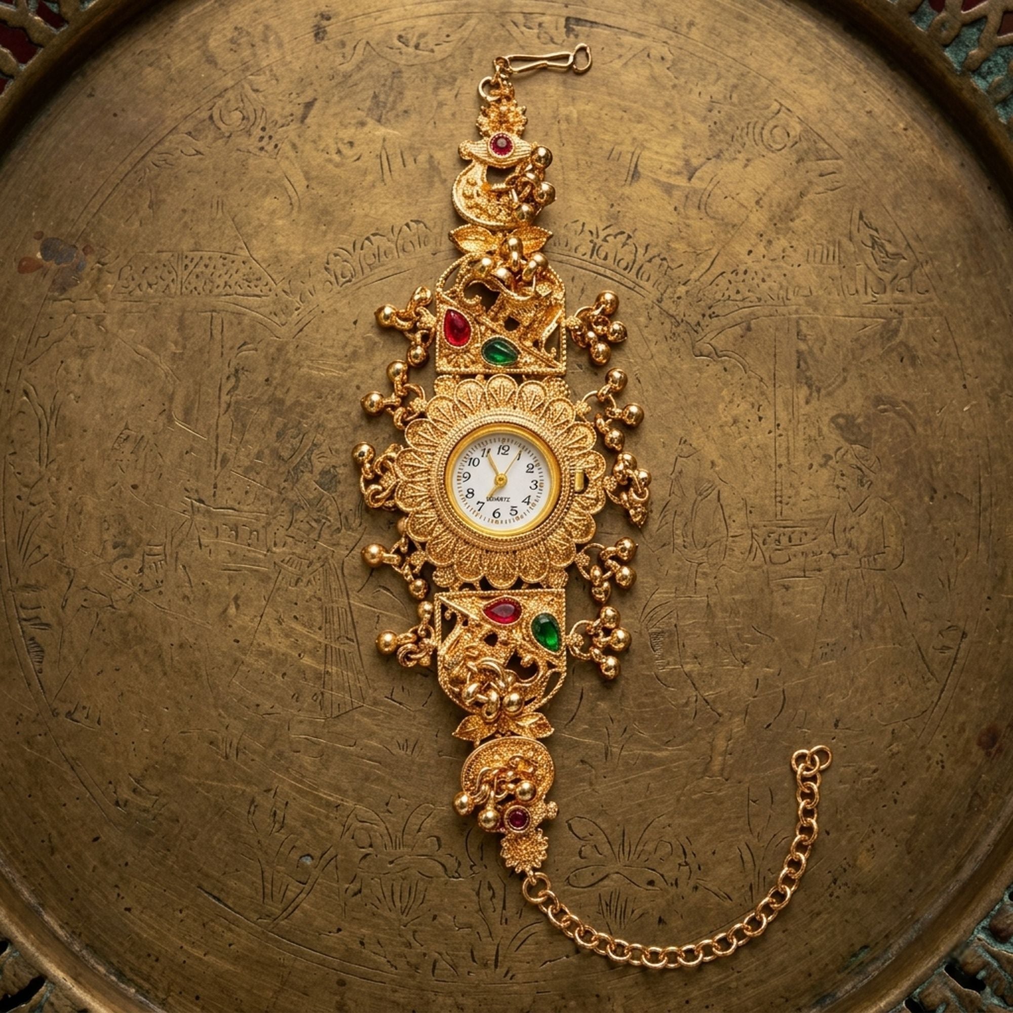 Kashmiri Kundan Gold Plated Rani Pink & Forest Green Color Jewelry Watch