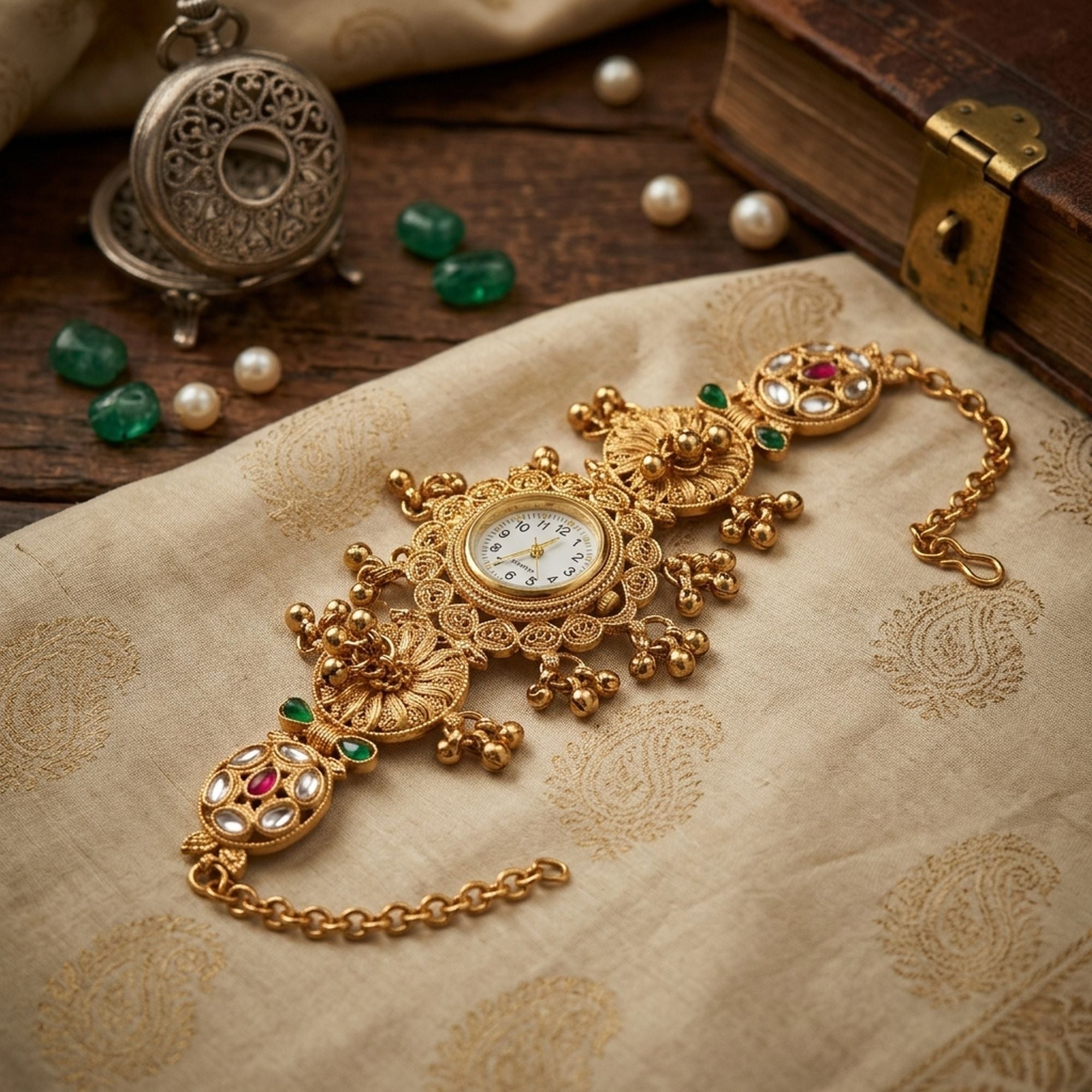 Kashmiri Kundan Gold Plated Rani Pink & Jade Green Color Wrist Watch