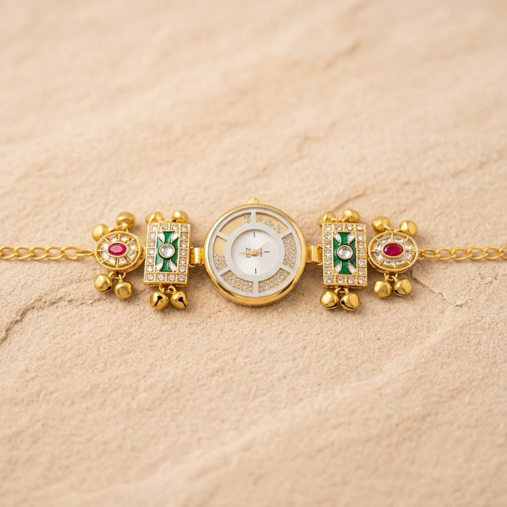 Vibrant Rose Pink & Green Color Floral Dial Jewelry Watch For Girls & Women