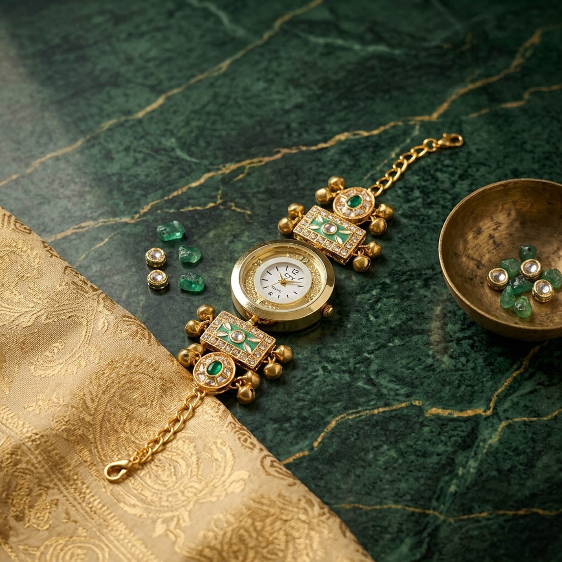 Lush Royal Green Color Kundan Work Partywear Wristwatch For Girls & Women